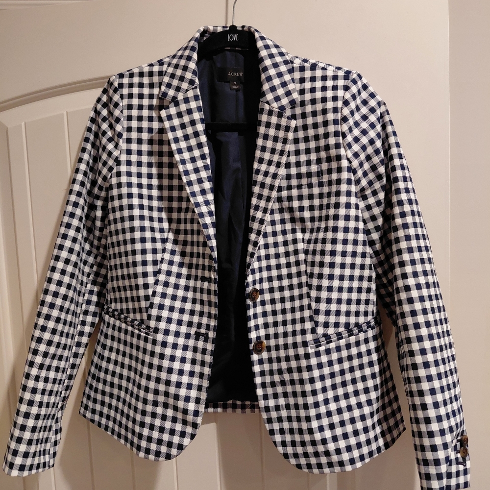 J. Crew Gingham Blazer Cotton Size Small Navy Blue Plaid Preppy Luxury Comfy